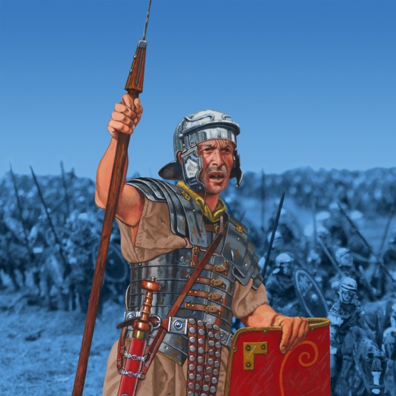 Zeichnung eines römischen Legionärs vor dem Modell einer Reitereinheit