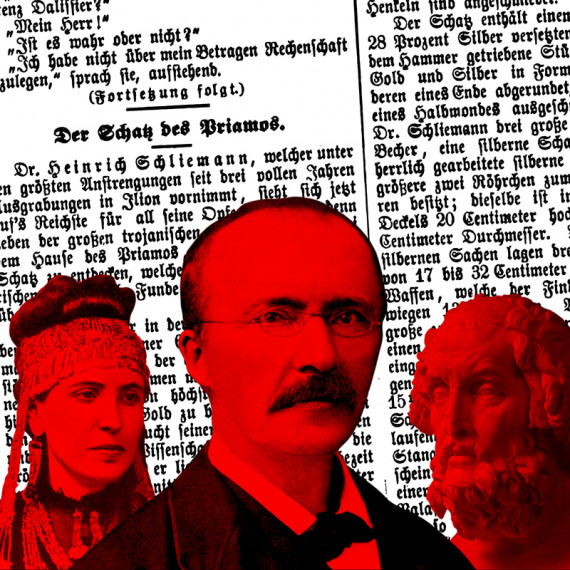 Collage mit Heinrich und Sophia Schliemann einer Büste Homers und einem zeitgenössischen Zeitungsartikel.