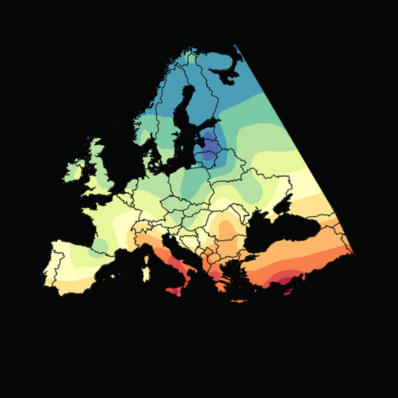 Karte mit Verbreitung der Komponente mesolithischer Jäger und Sammler im heutigen Genpool Europas: 