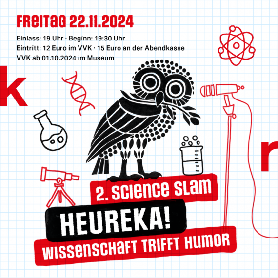 Plakatmotiv des Science Slams: Zeichnung einer Eule mit Mikrofon und Laborgeräten.