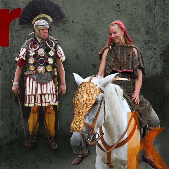 Key Visual des Museumsfestes mit einem Soldaten und einer keltischen Reiterin. &copy; krm manching
